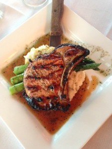 The pork chop with mashed potatoes and asparagus was a hit. All that remained at the end was the bone.